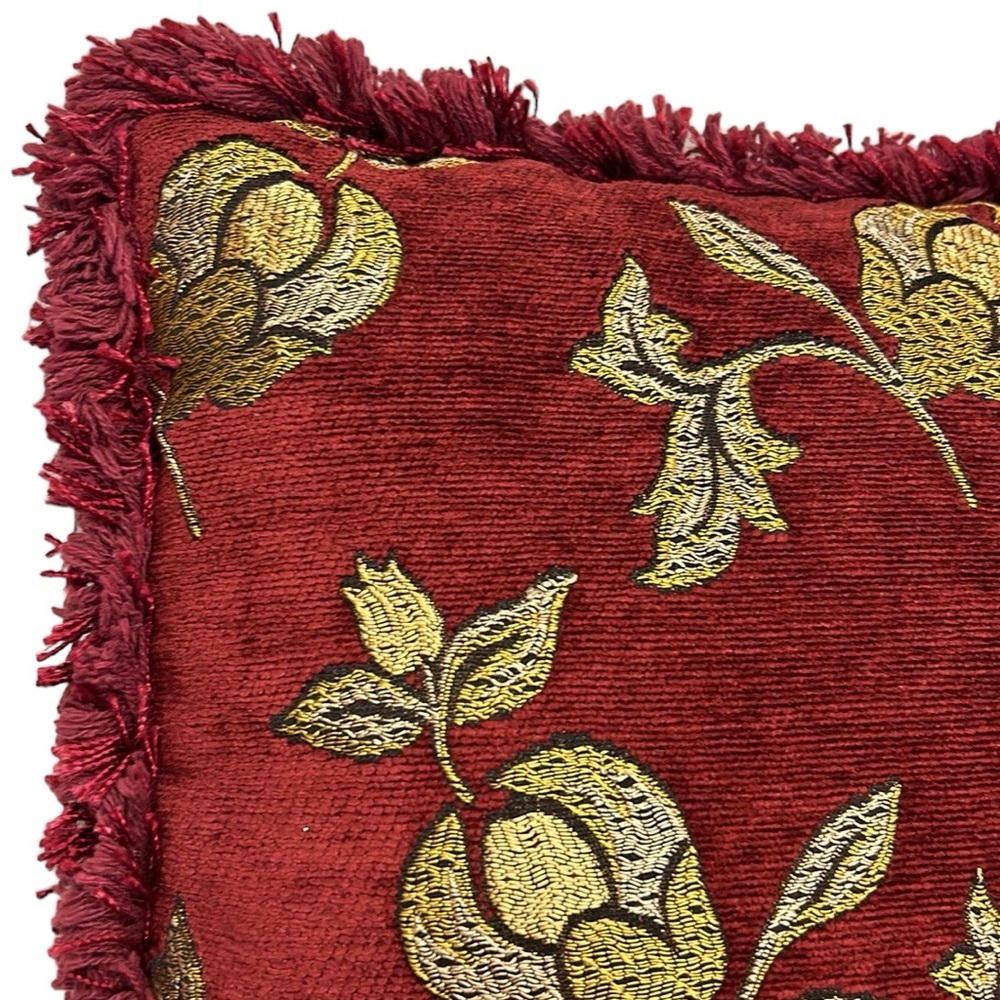 Vintage Bess Chenille Pillow Decorative Fringe Red/Goldâ - Picture 3 of 10